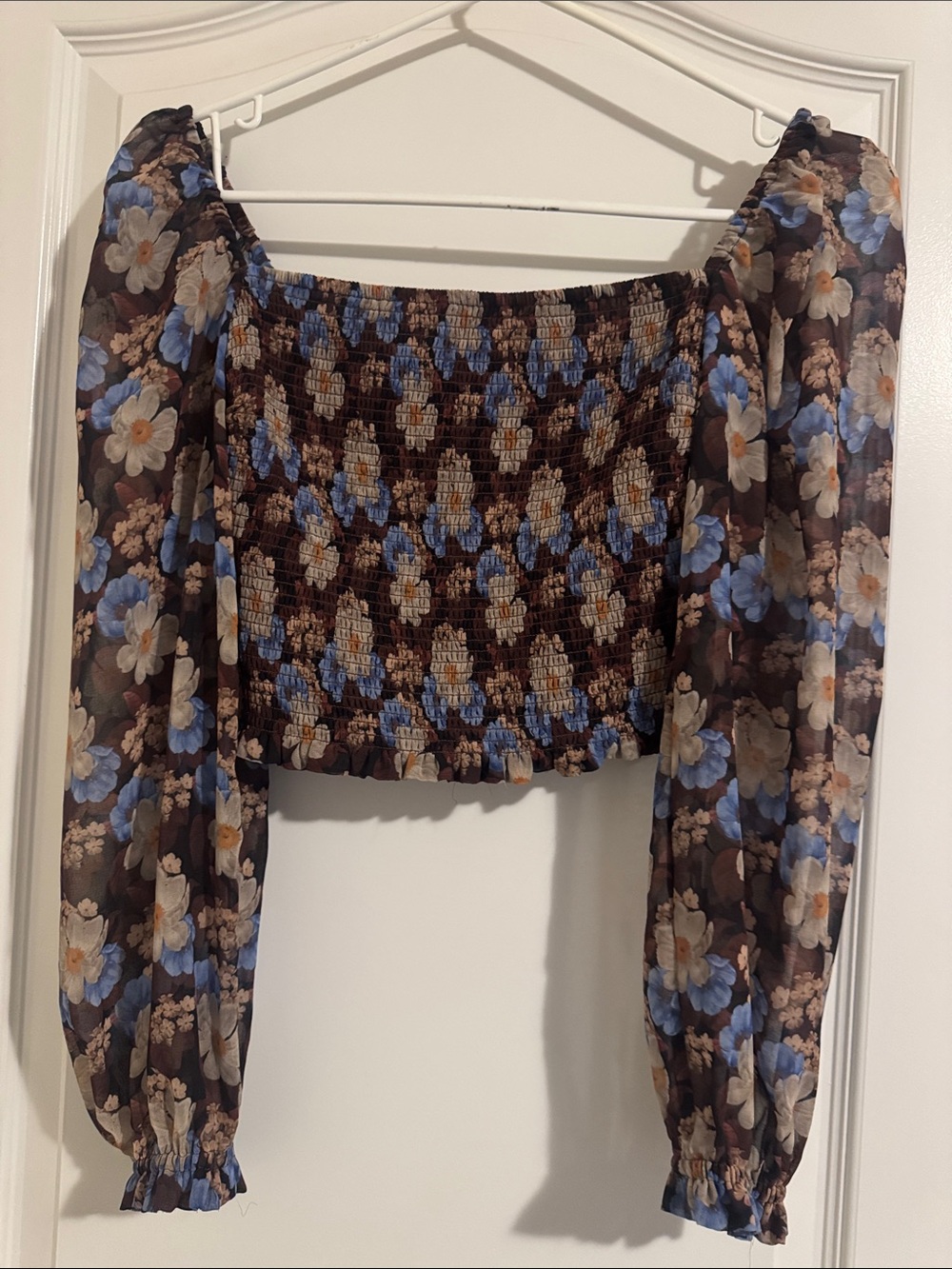 Aritzia Brown & Blue Floral Smocked Puff Sleeve Crop Top